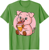 Funny Cute Pig Ice Cream Kawaii Design Pig Eating Ice Cream Graphic Boys Girls Pig Lover T-Shirt - Grass Green