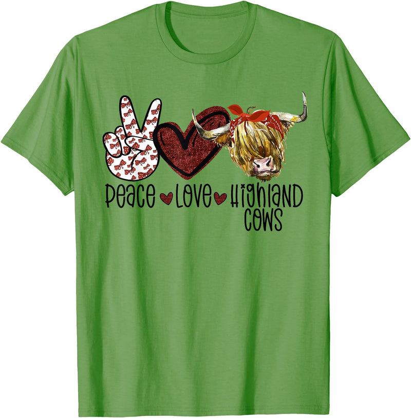Funny Peace Love Designs Highland Beef Cow Farmers Peace Love Highland Cows T-Shirt - Grass Green