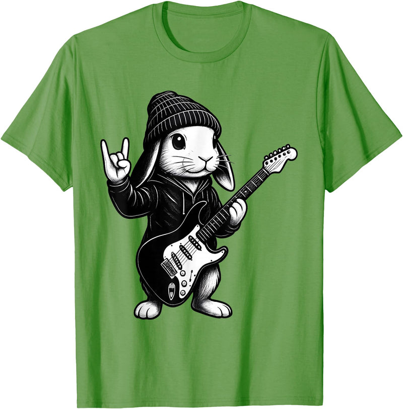 Cute Easter Bunny Rabbit Rock Guitar Music Player Animal T-Shirt in Grass Green