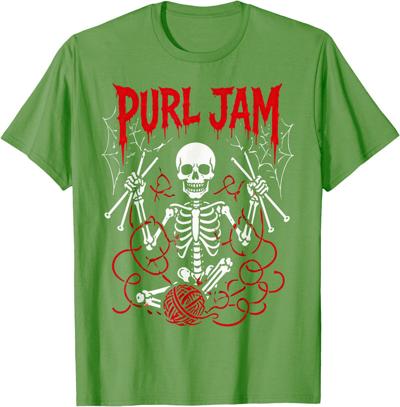 Bone Knitting Co. Purl Jam Skeleton Knitting Craft Lover Funny Design T-Shirt - Grass Green
