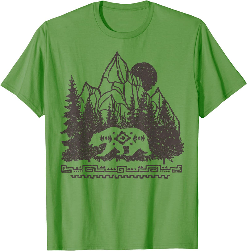 Trendy Apparel Cali Bear Forest And Mountains Background T-Shirt - Grass Green