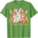 Happy Easter Women Girls Cute Bunny Rabbit Easter Day T-Shirt in Grass Green