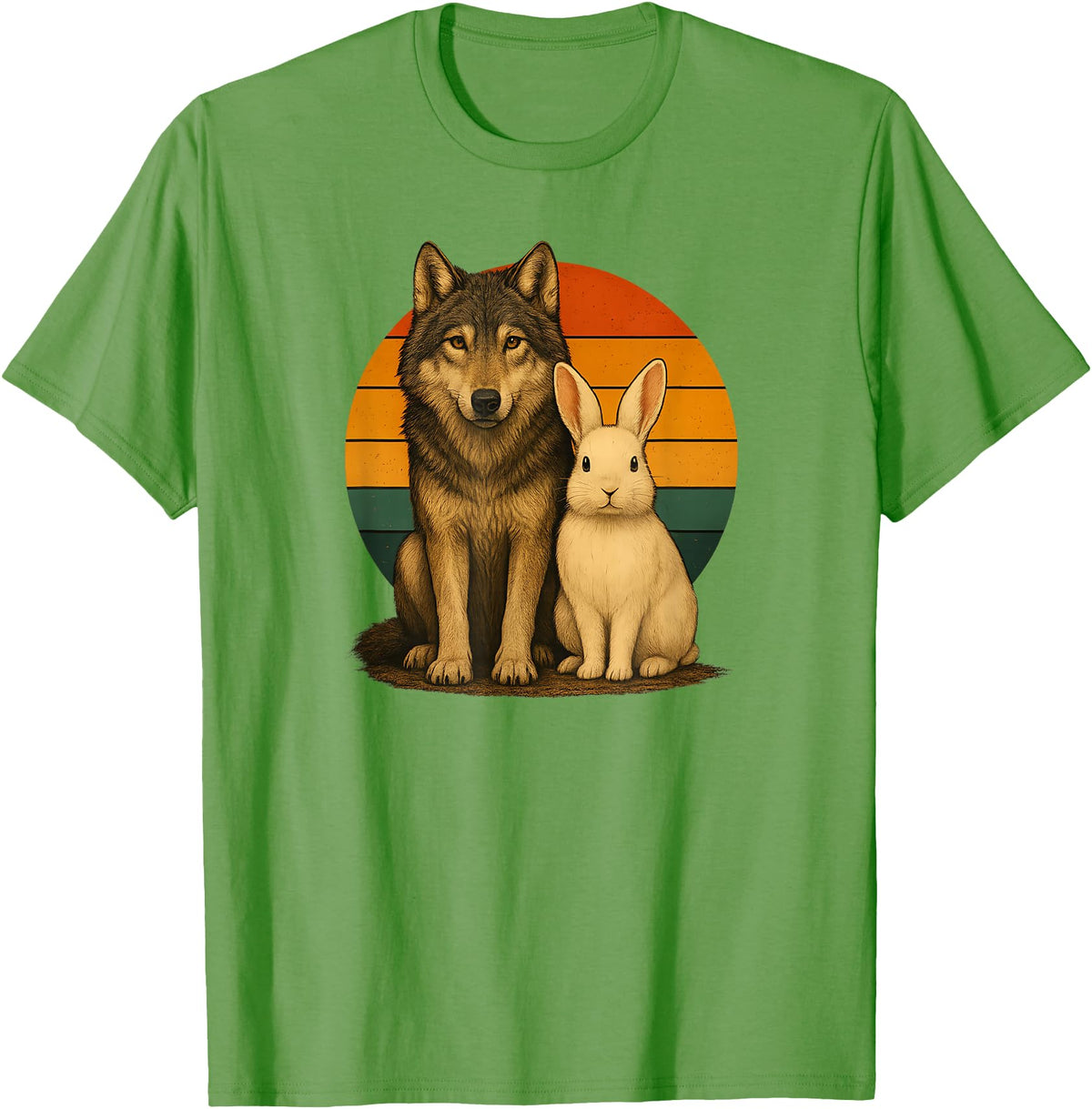 Wolf Rabbit Retro Animal Friends T-Shirt in Grass Green