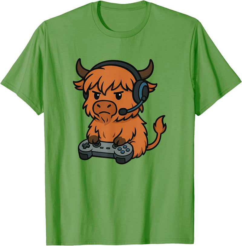 GamerAxis1 Highland Cow Gamer Gaming Retro Videogames Boys Girls Kids T-Shirt - Grass Green