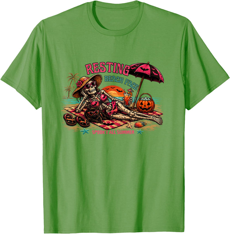 Spooky Summer Vibes retro summerween halloween Funny Skeleton Beach Halloween Resting Beach Face summerween T-Shirt - Grass