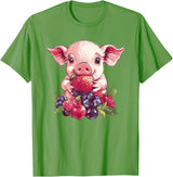 Cute Pig Eating Strawberries And Berries Fun Adorable Pig With Strawberries And Berries T-Shirt - Grass Green
