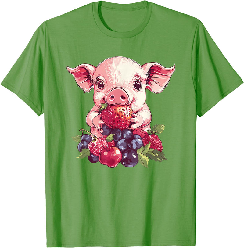 Cute Pig Eating Strawberries And Berries Fun Adorable Pig With Strawberries And Berries T-Shirt - Grass Green