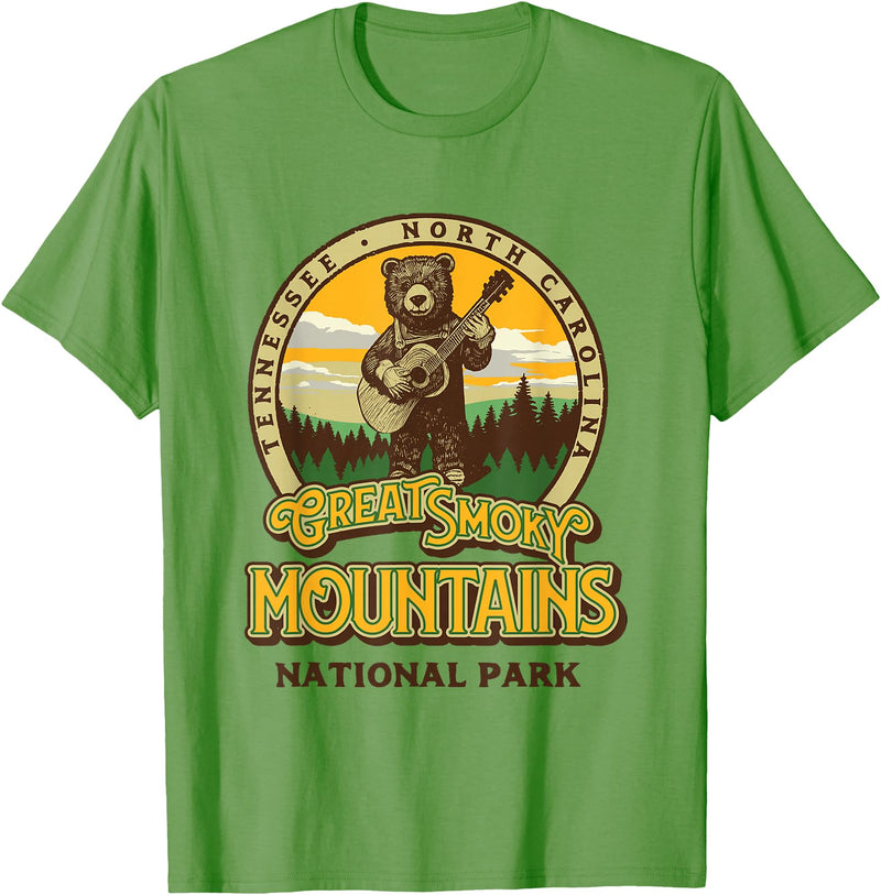 The Thrift Garage Great Smoky Mountains National Park Guitar Bear Cute Smokies T-Shirt - Grass Green