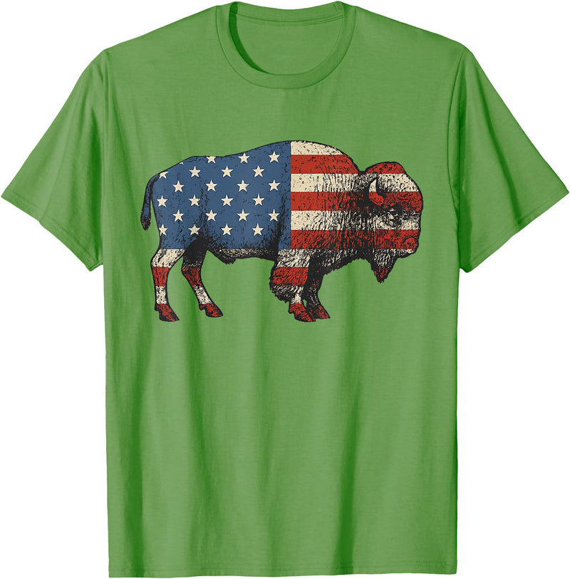 Bison American Buffalo Gifts & Apparel Stuff Bison USA American Flag Patriotic United States T-Shirt - Grass Green