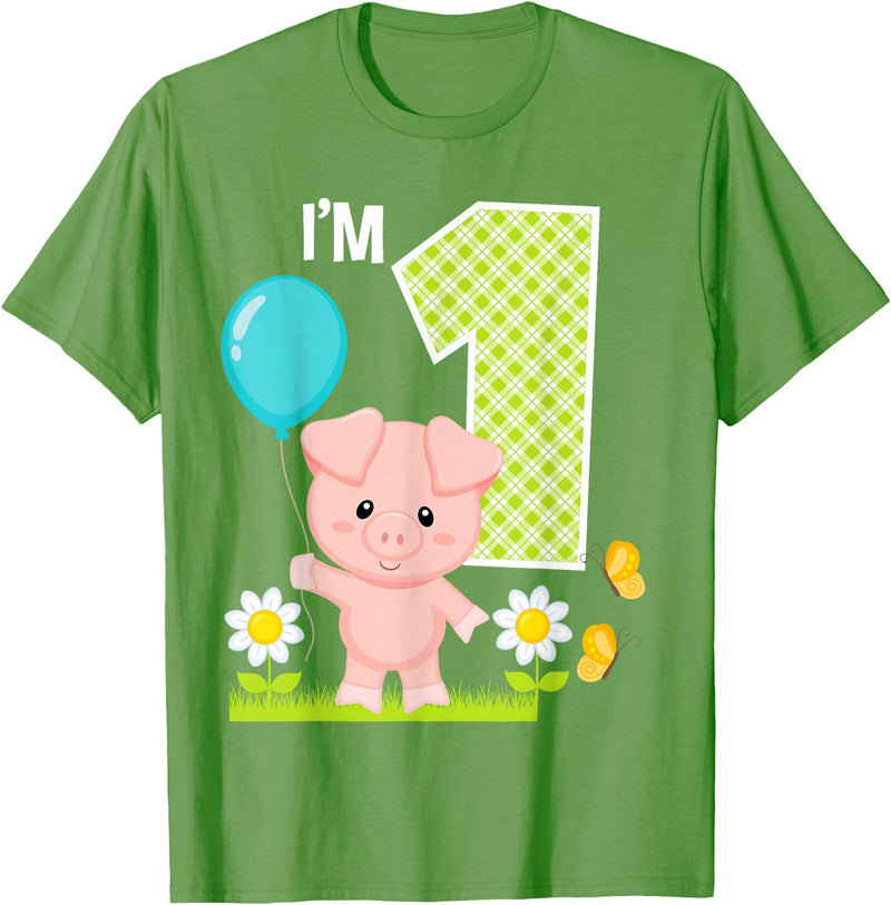 Cute Piglets Pig Barn Farm Birthday Party Supplies Pig 1st Birthday Girl 1 Year Old Birthday Cute Piglet Bday T-Shirt - Grass Green