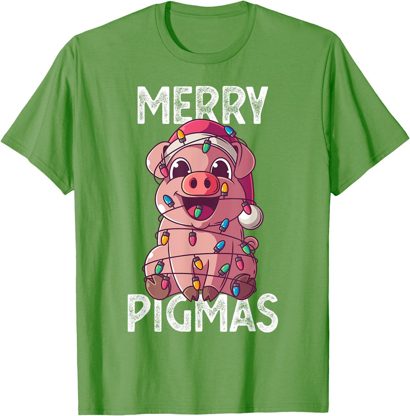 The Weird Shop Merry Pigmas Pig Christmas Santa Pig Xmas Lights Farmer Gift T-Shirt - Grass Green