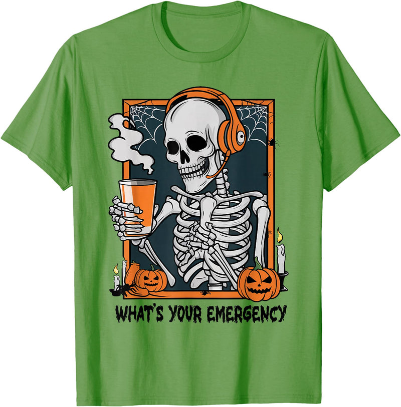 Funny 911 Dispatcher Halloween Skeleton What Your Emergency T-Shirt - Grass Green