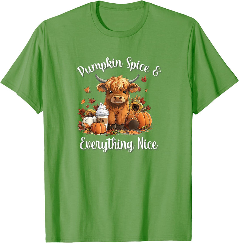 Boho Cowgirl Fall Y'all Gifts T Shirts & Hoodies Womens Pumpkin Spice & Everything Nice Highland Cow Lover T-Shirt - Grass