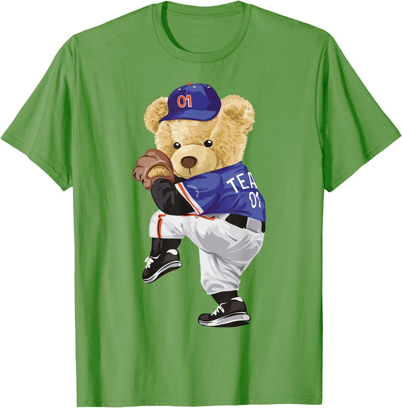 BERSLL Cute Teddy Bear Baseball Jug Sweatshirt T-Shirt - Grass Green