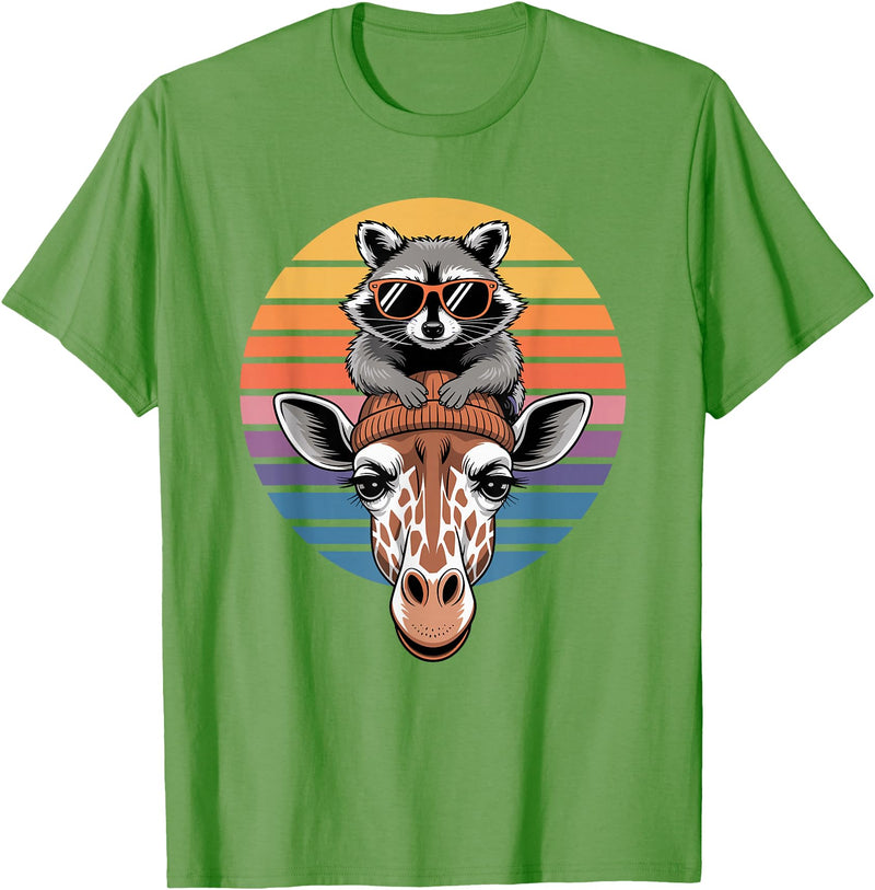 Giraffes Gift For A Giraffe Lover Retro Sunset Giraffe Raccoon Giraffes T-Shirt - Grass Green