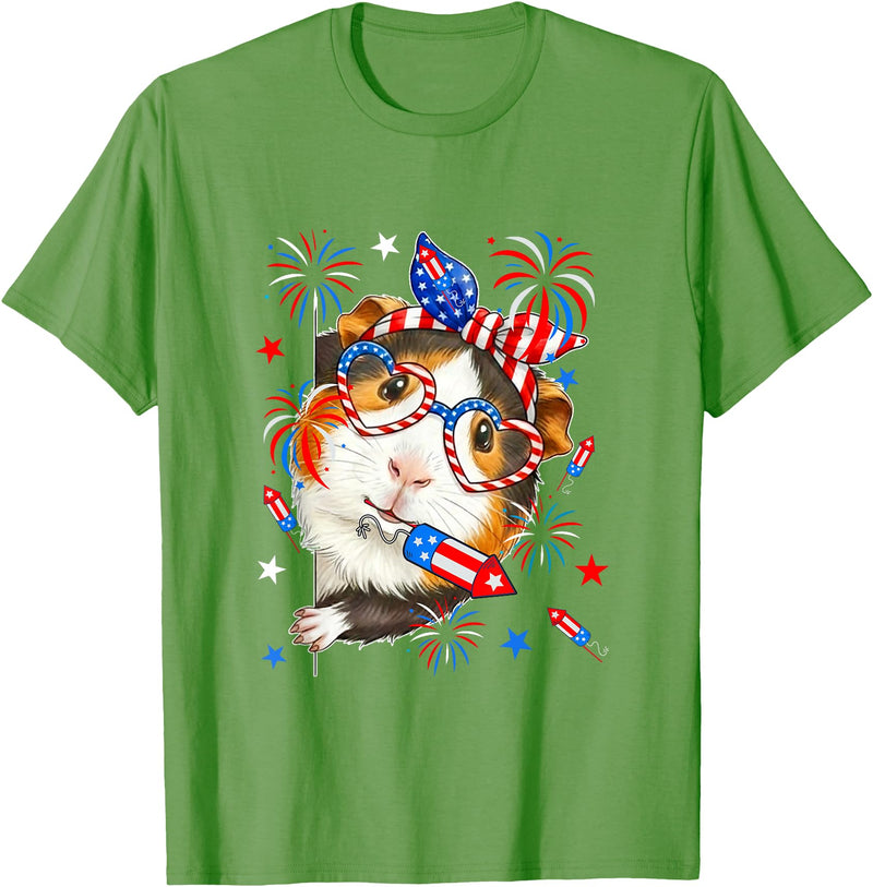 Rodent 4th Of July Costume Guinea Pig Sunglasses US Flag Bow Tie Fireworks 4th July T-Shirt - Grass Green