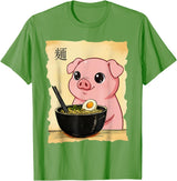Funny Pig Anime Eating Ramen Pig Ramen Japanese Kawaii Anime Pig T-Shirt - Grass Green