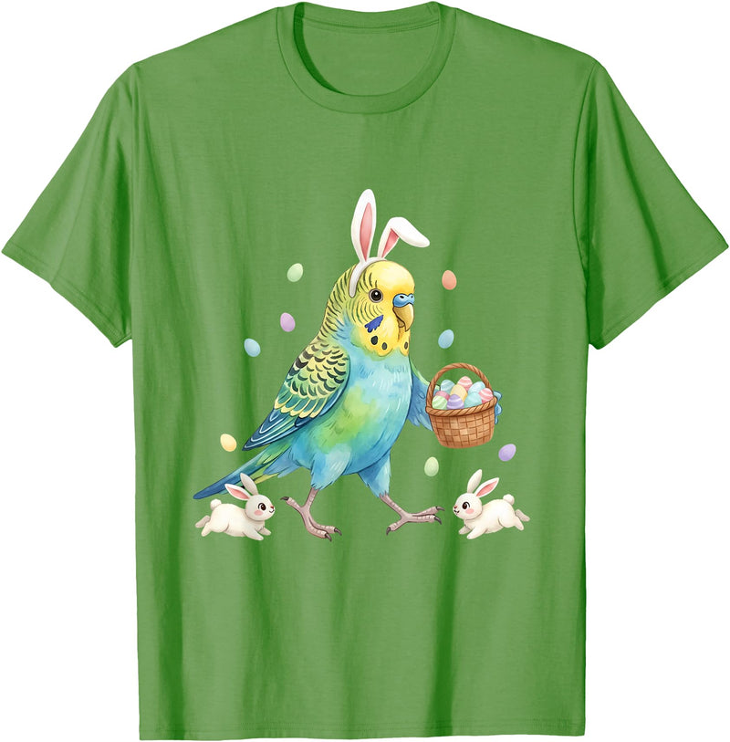 Cute Easter Bunny Rabbit with Eggs Whimsical Parakeet Design T-Shirt in Grass Green