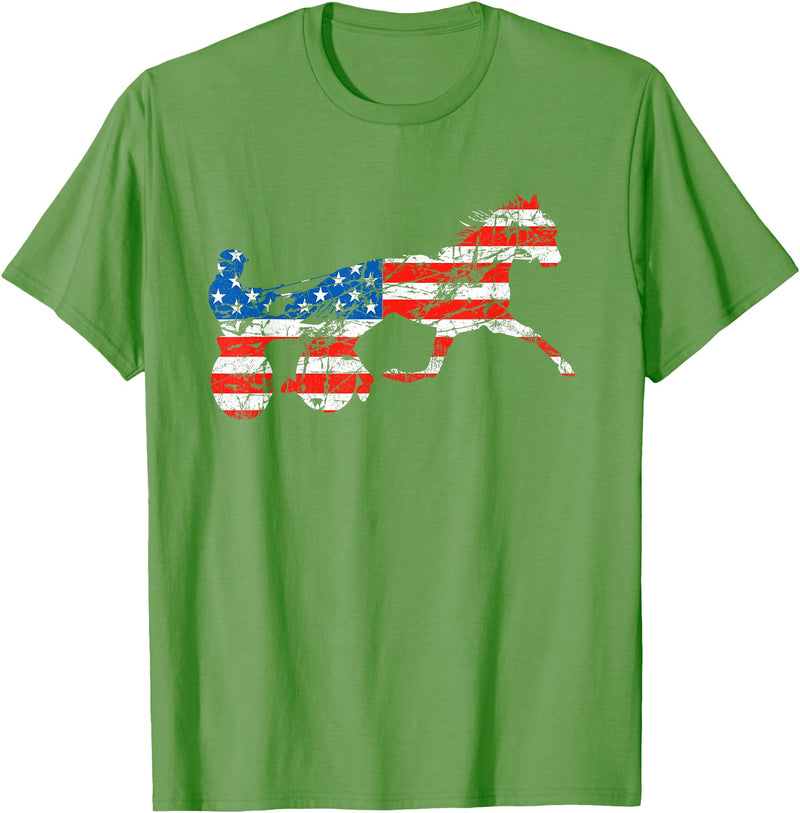 Unique Horse Racing Gifts Co. Vintage Harness Racer USA Flag Trotting Horse Harness Racer T-Shirt - Grass Green