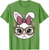 Cute Easter Rabbit Face Leopard Bow Sunglasses Bunny Girls T-Shirt in Grass Green