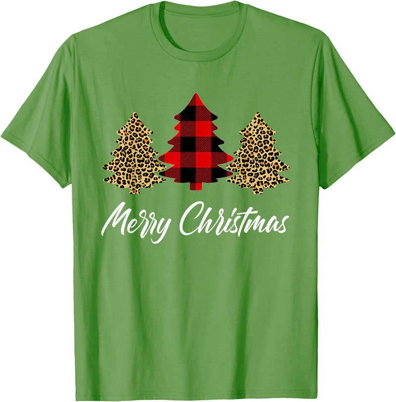 Merry Christmas Plaid Apparels Co. Merry Christmas, Leopard buffalo plaid Christmas tree Xmas T-Shirt - Grass Green