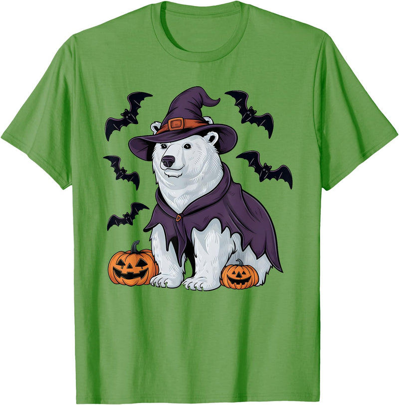 Witch Polar Bear Halloween Tees Polar Bear Halloween Costume Scary Pumpkin Bat Witch T-Shirt - Grass Green