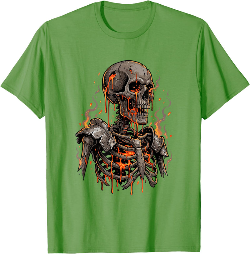 Molten Skull Fire Horror Skeleton Art Designs Spooky Halloween Skull Skeleton Fire Dark Fantasy T-Shirt - Grass Green