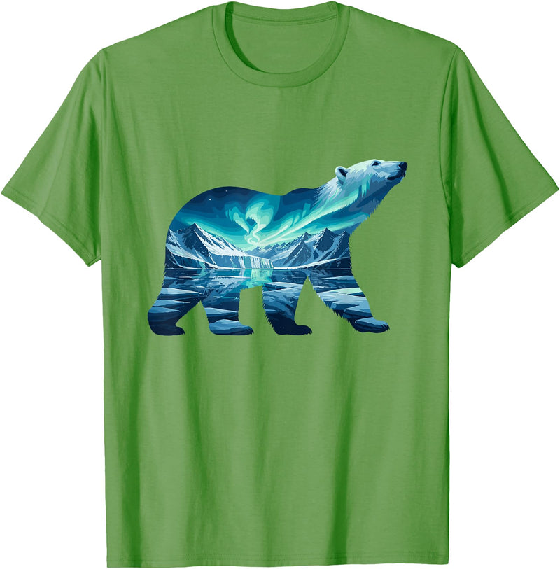 Arctic Wildlife Aurora Borealis Polar Bear Nature Northern Lights Polar Bear Arctic Landscape T-Shirt - Grass Green