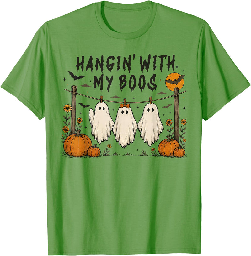 Retro Hangin’ With My Boos Funny Ghost Halloween T-Shirt - Grass Green