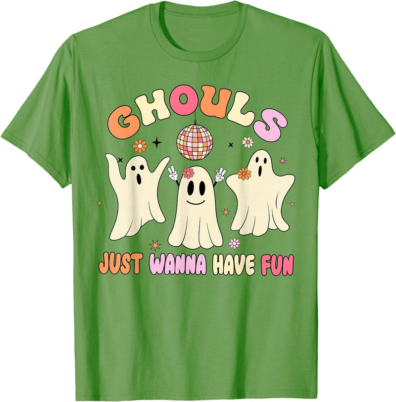 Groovy Ghosts Just Wanna Have Fun Funny Halloween T-Shirt - Grass Green