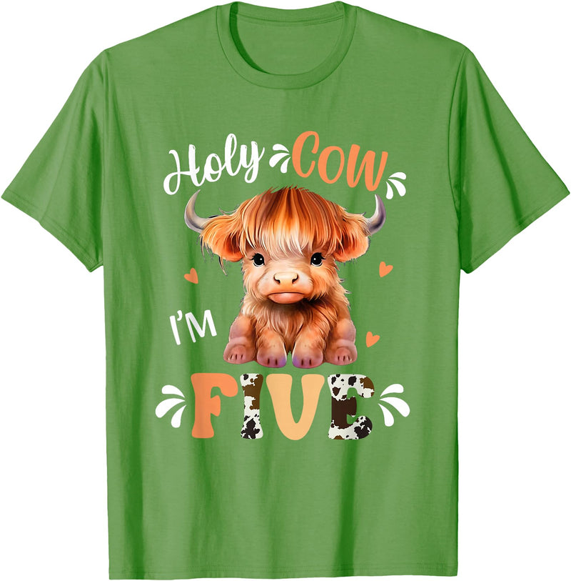 Highland Cow Print 5 Year Old Birthday Gift Holy Cow Im Five Scottish Highland Cow Print 5th Birthday T-Shirt - Grass Green