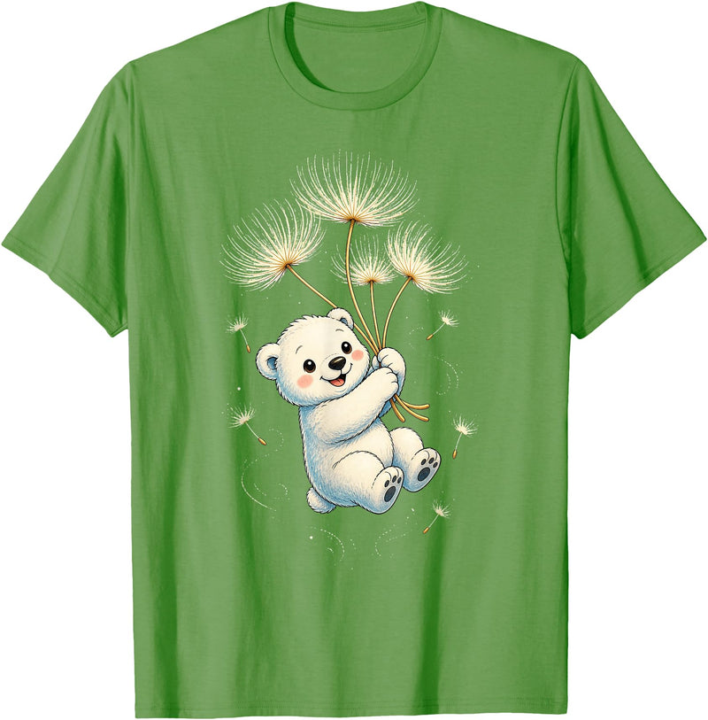 Blueberry Clothing Baby Polar Bear Floating On Dandelion Seeds T-Shirt - Grass Green