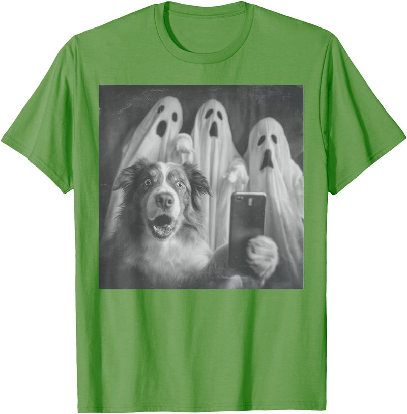 Spooky Aussie Moments Australian Shepherd Selfie Funny Ghost Halloween T-Shirt - Grass Green