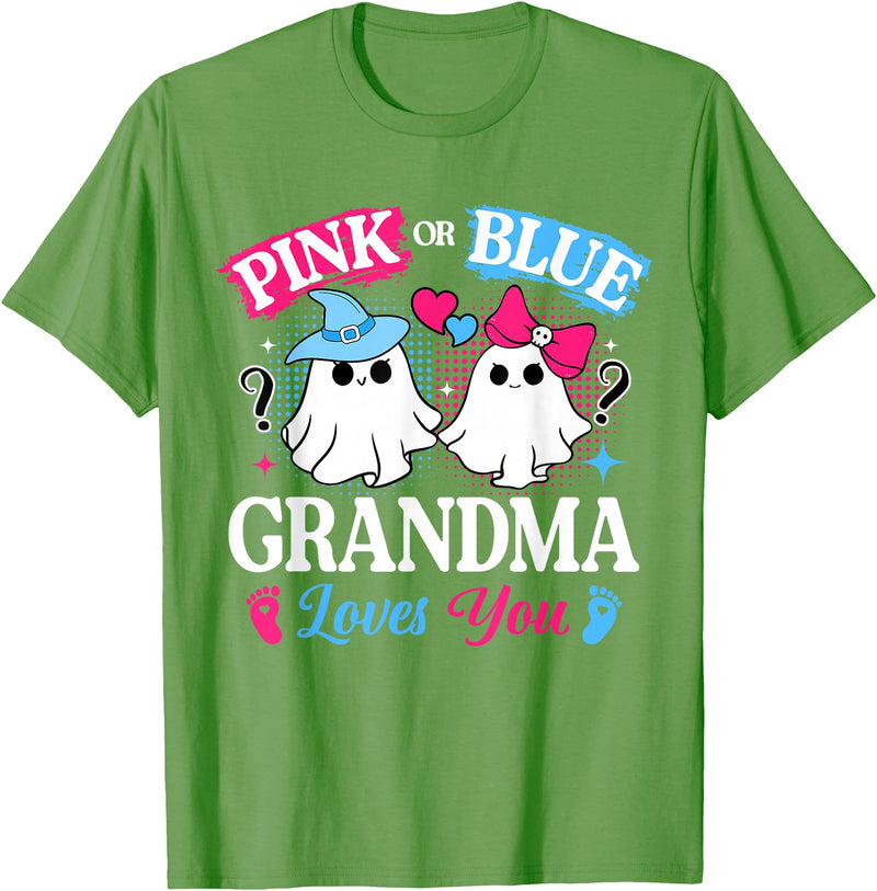 Halloween Ghost Baby Gender Reveal Family Matching Pink or Blue Grandma Loves You Gender Reveal Halloween T-Shirt - Grass