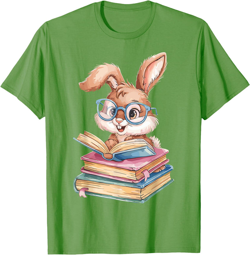 Bunny Rabbit Reading Books Funny Rabbit Books Bunny Reader T-Shirt in Grass Green
