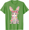 Cute Pink Flower Bunny Rabbit Happy Easter Women Girls T-Shirt in Grass Green