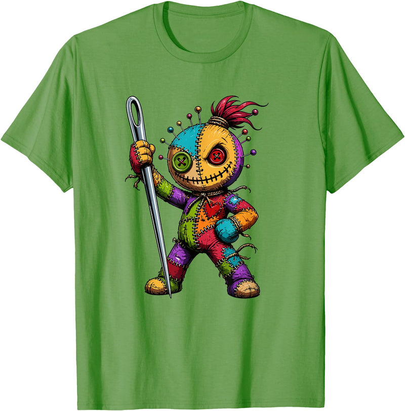 Colorful Voodoo Doll Patchwork Horror Halloween Creepy Rainbow Voodoo Doll with Needle Halloween T-Shirt - Grass Green