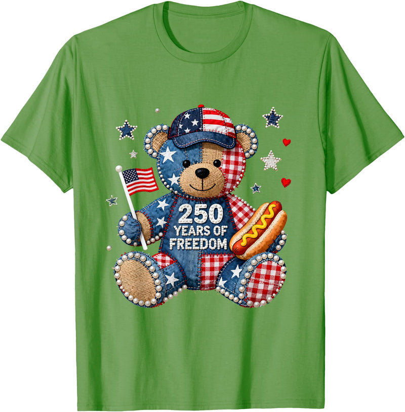 Patriotic Bear USA Vintage Co 250 Years of Freedom Patriotic Bear USA Retro T-Shirt - Grass Green