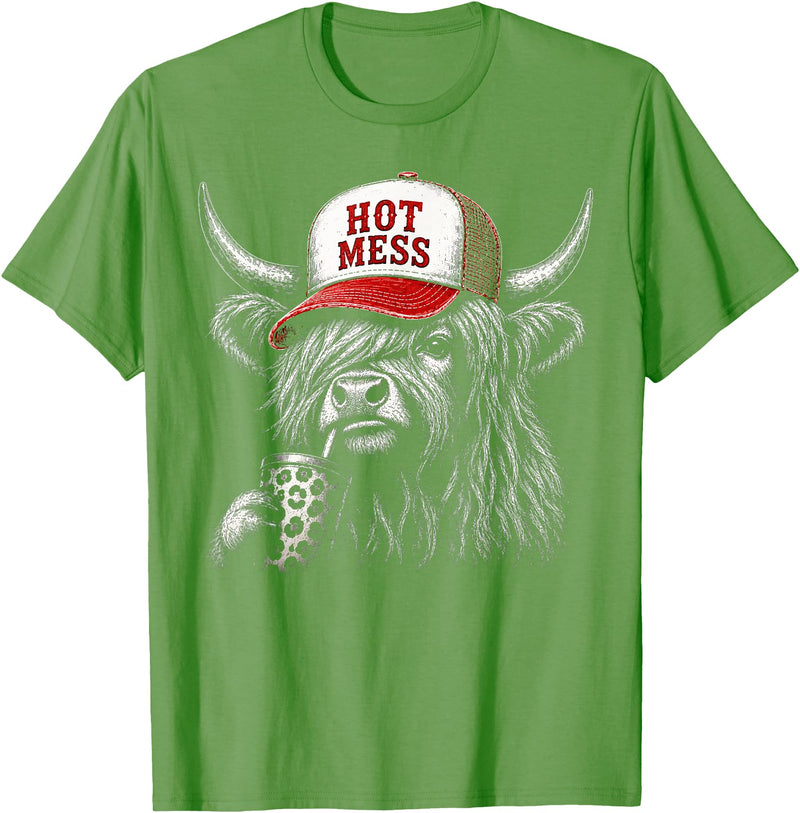 Hot Mess Highland Cow Humor Tee Co. Hot Mess Highland Cow Funny Cute Coffee Lover Graphic T-Shirt - Grass Green