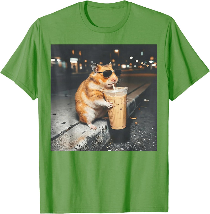 Hamster Drinking Iced Coffee Funny Animal Meme Men Women T-Shirt - Grass Green