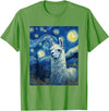 Llama Designs. Llama Alpaka Van Gogh Style Starry Night Funny Graphic T-Shirt - Grass Green