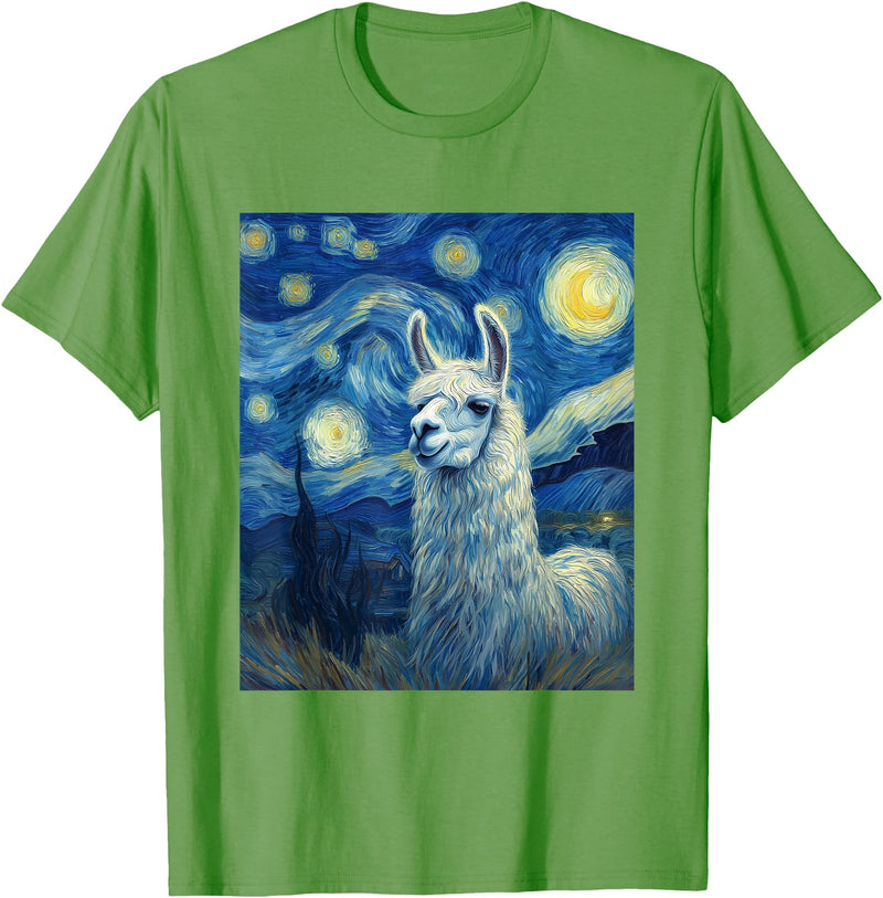 Llama Designs. Llama Alpaka Van Gogh Style Starry Night Funny Graphic T-Shirt - Grass Green
