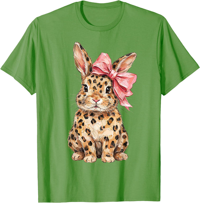 Cute Bunny Leopard Coquette Bow Rabbit Easter Women Girls T-Shirt in Grass Green
