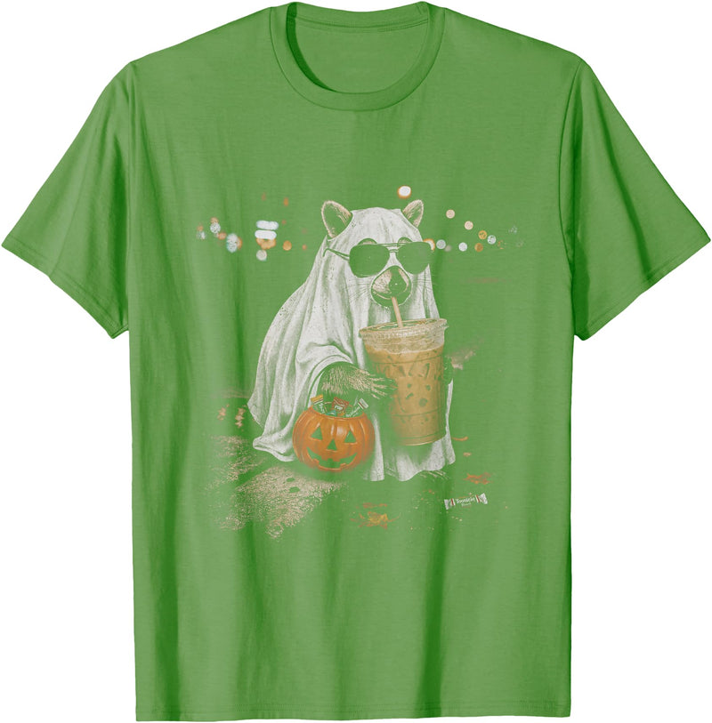 Funny Halloween Raccoon with Pumpkin and Coffee Raccoon with Pumpkin and Coffee Vintage 90s Halloween T-Shirt - Grass Green