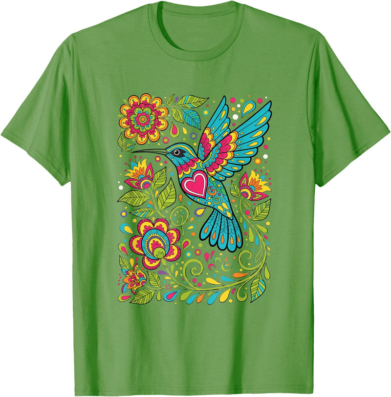 FolkFlight Design Co Bird Hummingbird Floral Folk-Art Colorful T-Shirt - Grass Green