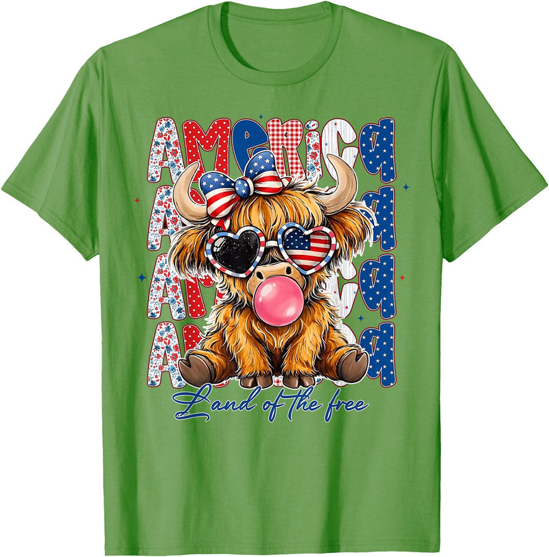Cute Cow Creations Highland Cow 4th of July, Patriotic Cowgirl Bow Design T-Shirt - Grass Green