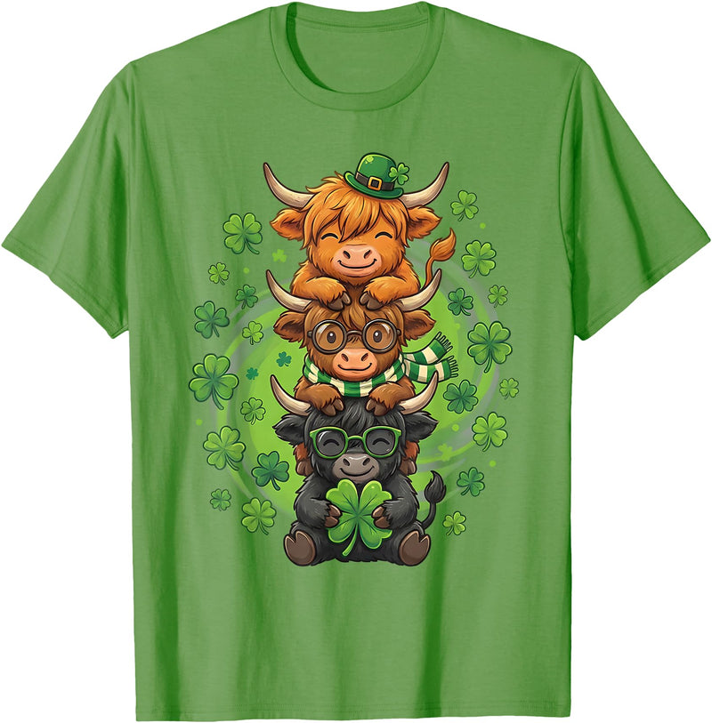 Highland Cow St Paddys Shamrock Men Women Kids Cute Highland Cow Lucky Shamrock St Patrick's Day Party T-Shirt - Grass Green