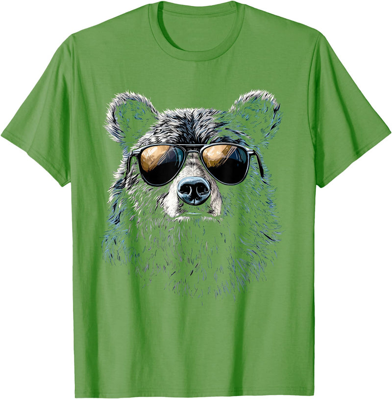 Forest Illustration Bear Art Nature Bear Wearing Sunglasses Wildlife Artwork Graphic Bear T-Shirt - Grass Green