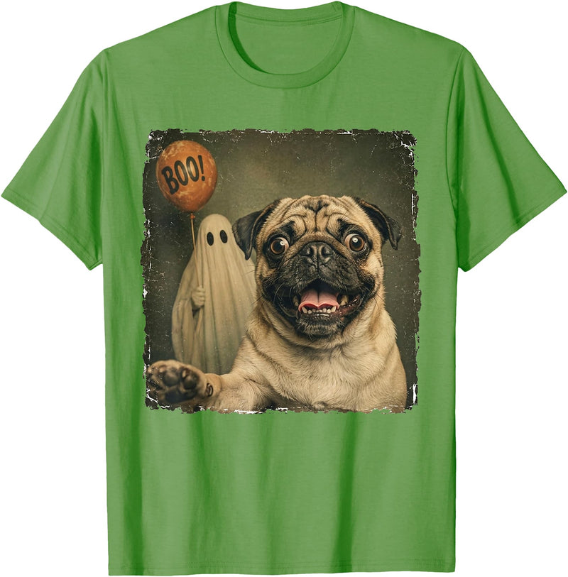 Issebl Dog Pug Lover Funny Pug Halloween Ghost Selfie Dog Funny T-Shirt - Grass Green