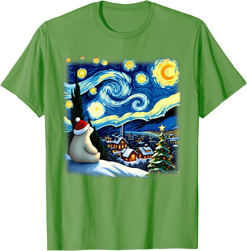 Van Gogh Polar Bear Xmas Tees Christmas Polar Bear Starry Night T-Shirt - Grass Green